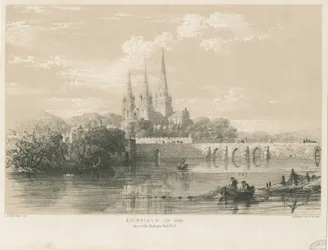 Lichfield Kathedrale - Südwestansicht: getönte Lithographie, 1548