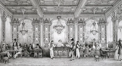 Café der Banque de France, erbaut von Architekt Dusillon und gelegen am Place de Victoire - Gravur von Schaal - 1839
