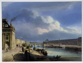 Ansicht der Pont du Carrousel und der Grand Galerie du Louvre - in „Paris en 1837“ von Arnout