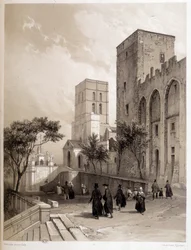 Palast der Päpste in Avignon und die Spaziergänger von Avignon im 19. Jahrhundert