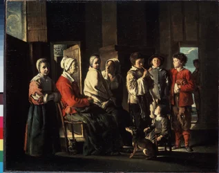 Der Besuch bei der Großmutter. Familie versammelt sich um eine alte Frau in einem bäuerlichen Interieur, einer der Jungen spielt Flöte. Allegorie der familiären Einheit durch die verschiedenen Generationen. Gemälde von Louis