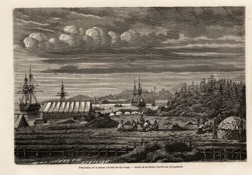Vorbereitung von Kabeljau in der Bucht von Cap Rouge, Reinigung der Fische und Sammeln von Lebern zur Ölgewinnung, dann Salzen in der Hütte auf Stelzen, Zeichnung von Lebreton, zur Illustration der Reise nach Neufundland im Jahr 1860 von A. de Gobineau. Gr