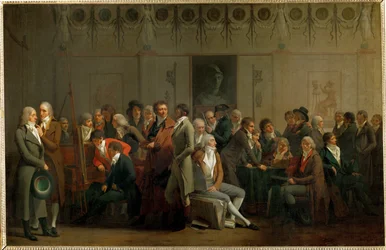 Eine Versammlung von Künstlern im Atelier von Isabey