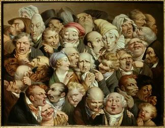 Karikatur: Serie lächerlicher Ausdrücke „Versammlung von 35 Ausdrucksköpfen“