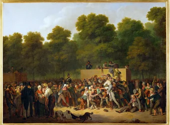 Verteilung von Wein und Lebensmitteln auf den Champs Elysees
