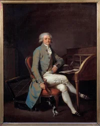 Französische Revolution: Ganzkörperporträt von Maximilien Robespierre (1758-1794) an seinem Schreibtisch