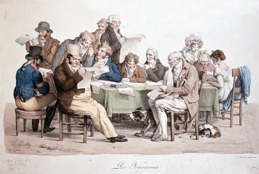 Männer lesen Zeitungen - Gravur von Louis Boilly mit dem Titel Les journaux