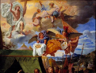 König Ludwig IX. (Saint Louis) pflegt seine Soldaten, Detail darstellend Gott und Engel, Gemälde von Louis Licherie de Bury