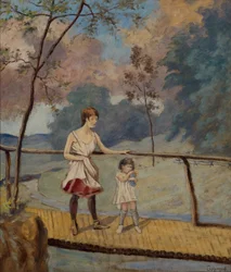 Zwei Mädchen auf einer Baumstammbrücke