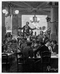 In der Mitte, auf einem Tisch, führt Desroches den Charivari an. Szene in einem Pariser Café: Menschen singen, trinken, rauchen, plaudern und flirten an Tischen. In „Trente ans de Paris“, autobiografische Sammlung von Alphonse Daudet (1840-1897). Gravur na