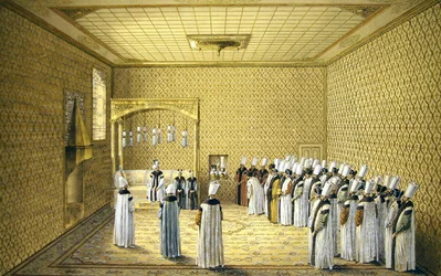 Die Vorstellung eines Botschafters beim Sultan in der Halle der Petitionen des Topkapi-Palastes, Konstantinopel