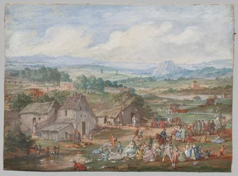Eine Gruppe beim Picknick in der Nähe eines Dorfes