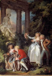 Galante Venus-Szene in einer romantischen Landschaft mit antiken Ruinen