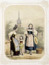 Zwei Frauen und ein Mädchen in der Schweiz - in „Album du jeune voyageur“, illustriert von Louis Lassalle