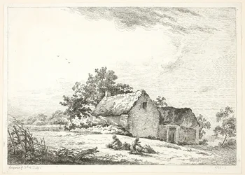 Bauernhofszene mit Jungen, die Holz bündeln