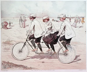 Tandem, drei Personen radeln am Strand - Zeichnung von L. Vallet
