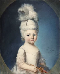 Porträt des Marquis de Fleury als Säugling in einem gepolsterten Hut, mit einer Feder, der eine goldene und korallenrote Beißrassel hält, 1762