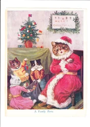 Ein Druck von einer Weihnachtsfeier der Katzen mit einem vermenschlichten Katzenvater, der als Weihnachtsmann verkleidet und von kleinen Katzen sowie einem Weihnachtsbaum umgeben ist, ca. 1890