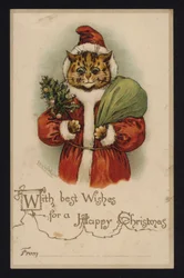 Katze als Weihnachtsmann, Weihnachtsgrußkarte (Chromolithographie)