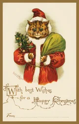 Katze im Weihnachtsmannkostüm (Chromolithografie)