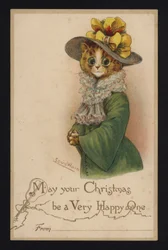Katze mit Damenhut und Mantel, Weihnachtsgrußkarte (Chromolithographie)