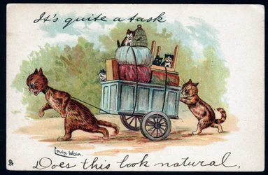 Es ist eine ziemliche Aufgabe, sieht das natürlich aus? Tiere in menschlicher Haltung. Katzen ziehen einen Karren, in dem sich ihre Kätzchen und ihre Umzugssachen befinden. Postkarte. Chromolithographie von Louis Wain (1860-1939), englischer Künstler bekan