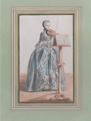 Frau spielt Geige, von vorne gesehen, ca. 1758-59