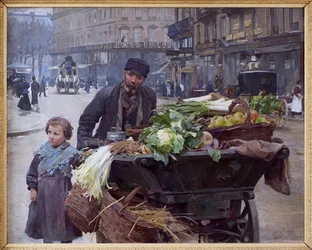 Der Händler der vier Jahreszeiten in Paris. Hinter ihm das Hotel du Louvre (1. Arrondissement). Gemälde von Louis Marie de Schryver (1862-1942)