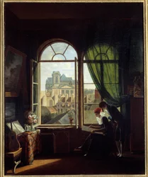 Künstlerinterieur mit Blick auf die Fassade der Kirche Saint Eustache in Paris