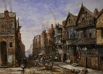 Chester: Watergate Street von der Ecke der Crook Street, mit Eastgate dahinter