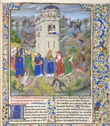 Festung des Glaubens Miniatur der Heiligen Gregor, Augustinus, Hieronymus und Ambrosius, die Dämonen bekämpfen, Spätes 15. Jahrhundert