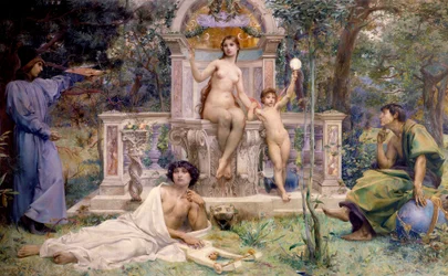 Dekoration des Hotel Watel-Dehaynin: die Wahrheit. Umgeben von Allegorien der Astronomie, Musik und Poesie, und Malerei. (Detail)