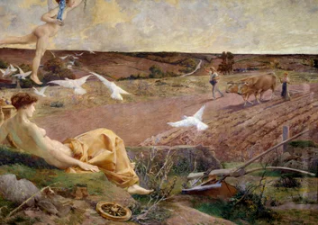 Fortuna, allegorische Darstellung von Überfluss und Fruchtbarkeit. Ein Bauer pflügt im Hintergrund sein Feld. Detail. Malerei auf Putz von Luc Olivier Merson (1846-1920) 1901