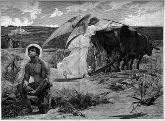 Heiliger Isidor, Schutzpatron der Pflüger. Ein Engel hilft dem Heiligen Isidor, ein Feld mit einem Pflug zu pflügen. 19. Jahrhundert. Stich nach dem Gemälde von Luc Olivier Merson (1846-1920). In „Le Monde illustré“ Nr. 1294 vom 21. Januar