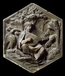 Allegorie der Musik als Orpheus. Die Tiere des Waldes lauschen Orpheus, der die Laute spielt. Hochrelief von Luca della Robbia