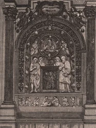 Altar der Kirche Santa Maria delle Grazie, von Luca della Robbia, Montepulciano, Toskana, Italien, Holzschnitt aus Le cento città d