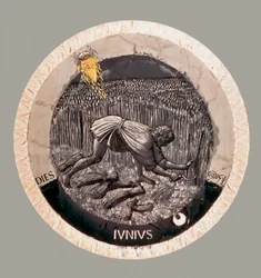 Juni: ein Bauer erntet den Weizen. Terrakotta von Luca della Robbia