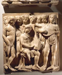 Laudate Eum in chordis et organo (Psalm 150, Laudate Dominum), Tafel mit singenden Jungen mit Orgel, Harfe und Laute