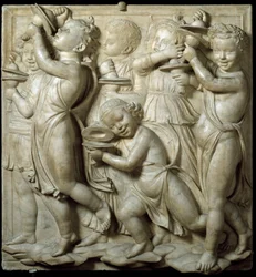 Tafel der Cantoria oder Tribüne der Sänger: Kind, das Zimbeln spielt. Hochrelief aus Marmor von Luca della Robbia, 1431-1438