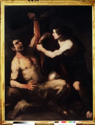Apollon und Marsyas. Apollon, nachdem er den Wettstreit gegen Marsyas gewonnen hat, lässt ihn häuten und wirft ihn dann in eine Höhle. Gemälde von Luca Giordano (1632-1705)