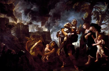 Aeneas flieht aus Troja. Aeneas trägt Anchises und flieht aus der Stadt, die in die Hände der Achäer gefallen ist. 1675-1680. Genua, Galleria Nazionale di Palazzo Spinola