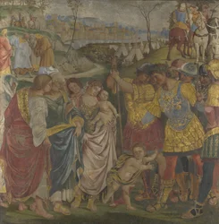 Coriolanus wird von seiner Familie überredet, Rom zu verschonen, Fresken aus dem Palazzo del Magnifico, Siena, 1509