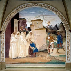 Leben des heiligen Benedikt von Nursia (ca. 480-547): Benedikt ermahnt den Bruder des Mönchs Valerian, der sein Fasten gebrochen hat (Fresko von Luca Signorelli)