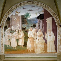 Leben des Heiligen Benedikt: Heiliger Benedikt erweckt einen arbeitenden Mönch auf der Baustelle des Klosters Monte Cassino nach dem Einsturz einer Mauer durch einen Dämon zum Leben. Fresko von Luca Signorelli (ca. 1445-1523)