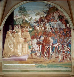 Der heilige Benedikt von Nursia empfängt Totila (6. Jahrhundert), König der Ostgoten. Fresko im Refektorium der Mönche von Luca Signorelli, das das Leben des heiligen Benedikt von Nursia (480 - 567) erzählt, Gründer des Benediktinerordens. 1503 - 1508 Abte