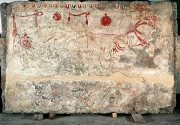 Lukanisches Fresko einer Quadriga aus dem 4. Jahrhundert v. Chr., aus der Nekropole von Paestum, Italien. Museo Nazionale Archeologico, Paestum