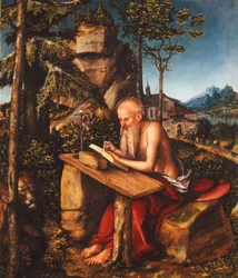 Der heilige Hieronymus schreibt in einer felsigen Landschaft, ca. 1515