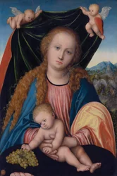 Madonna mit Kind und Trauben, Zwei Engel halten einen Vorhang