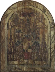 Pfirtscher Altar: Christus als Schmerzensmann, sitzend auf einem Sarkophag zwischen der Jungfrau und St. Johannes [Mittelteil]