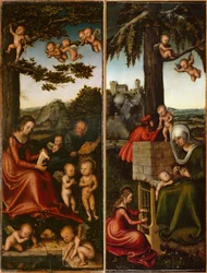Heilige Familie von Engeln umgeben & Erziehung der Jungfrau Maria (linker und rechter Flügel eines Marienaltares)